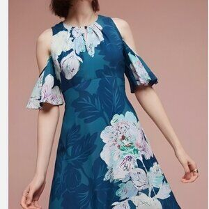 Anthropologie Maeve Elia Dress Open Shoulder Blue Floral Women's